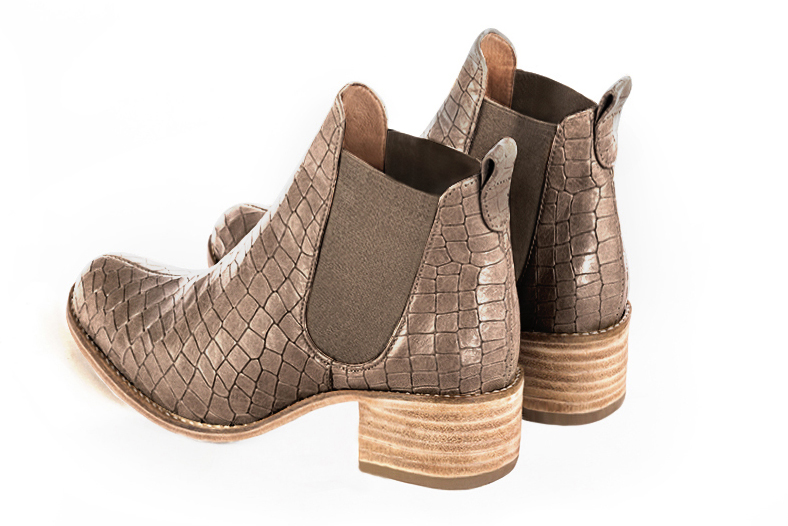 Bronze beige women's ankle boots, with elastics. Round toe. Low leather soles. Rear view - Florence KOOIJMAN